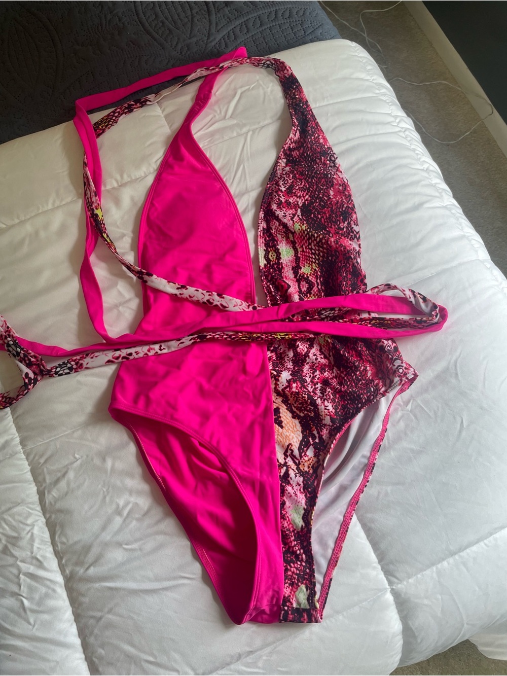 881. SHEIN Hot Pink & Multicolor Snake Print Halter One-Piece Swimsuit Monokini